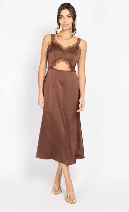 Little Mistress Chloe Lewis Collection | Dresses<Chocolate Lace Trim Satin Midi Dress by Chloe Lewis