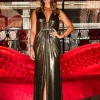 Little Mistress Chloe Lewis Collection | Dresses<Foil Plunge Maxi Dress by Chloe Lewis