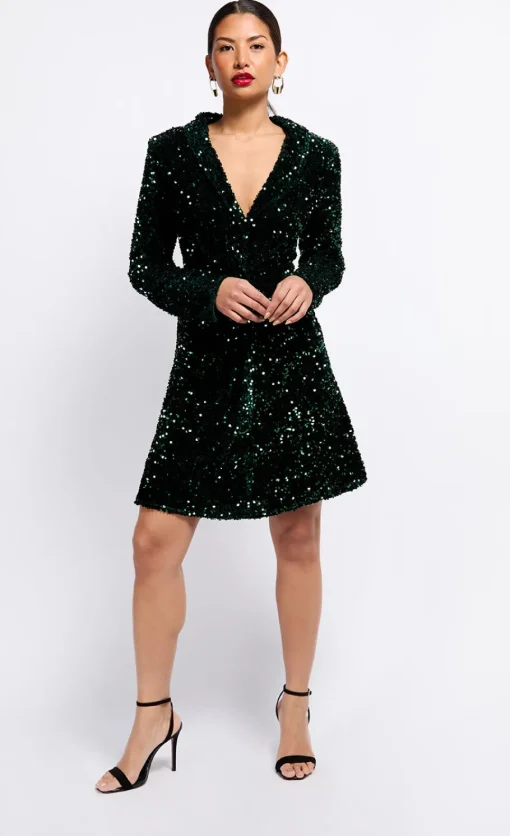 Little Mistress Dresses | Mini Dresses<Green Sequin Velvet Mini Dress