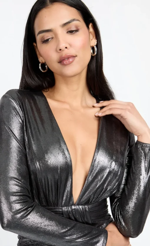 Little Mistress Chloe Lewis Collection | Dresses<Gunmetal Grey Foil Draped Plunge Mini Dress by Chloe Lewis