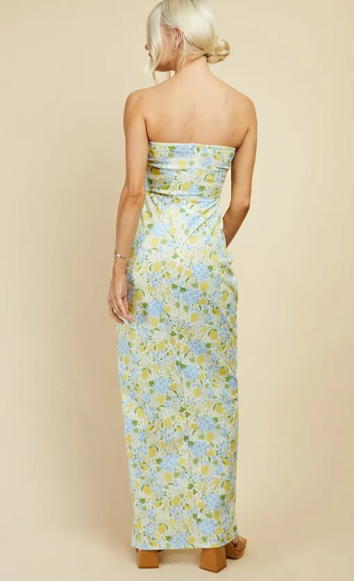 Little Mistress Dresses | Office Fashion<Lemon Floral Print Bow Detail Bandeau Maxi Dress