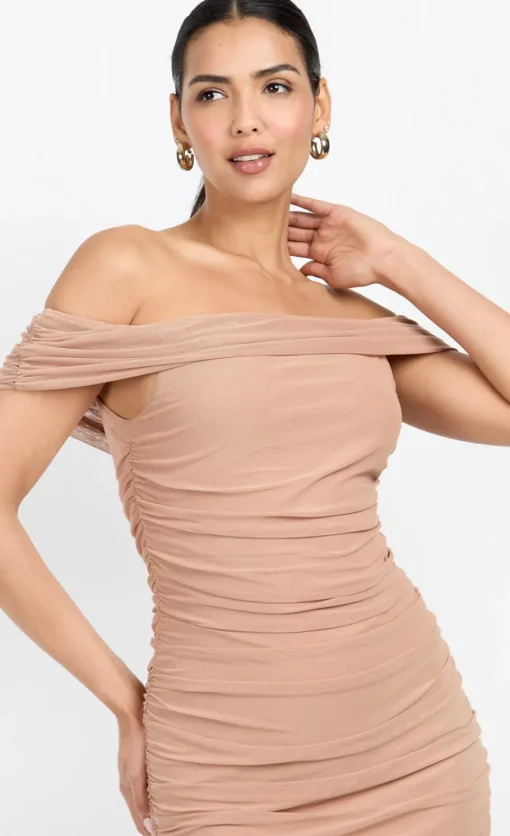Little Mistress Chloe Lewis Collection | Dresses<Mink Mesh Ruched Bardot Midi Dress by Chloe Lewis
