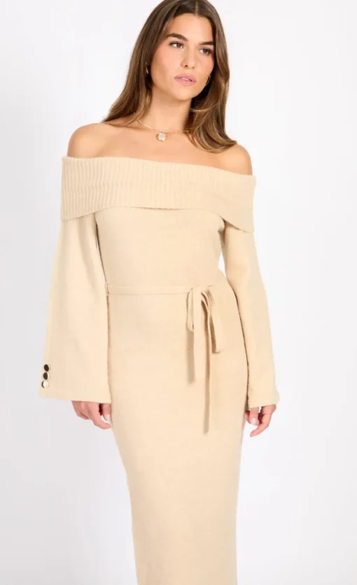 Little Mistress Race Day Edit<Oatmeal Knit Bardot Midaxi Dress