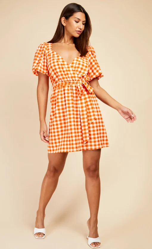 Little Mistress Dresses | Mini Dresses<Gingham Puff Sleeve Mini Wrap Dress